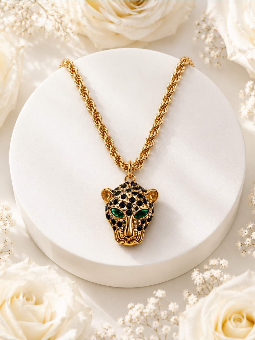 Gold Leopard Head Pendant Necklace with Green and Black Accents